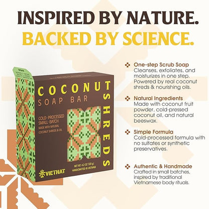 Coconut Shreds Soap Bar (Pack of 5) – Exfoliating & Moisturizing 2-in-1 Body Soap, Cold Process Handmade Bar with Coconut Milk & Oil, Gentle Daily Cleanser