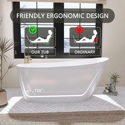 59" Free Standing Tub, Pure Acrylic Freestanding Bathtub, Stylish Stand Alone Contemporary Deep Soaking Bath Tub, cUPC Certified SY9950 (Glossy White)