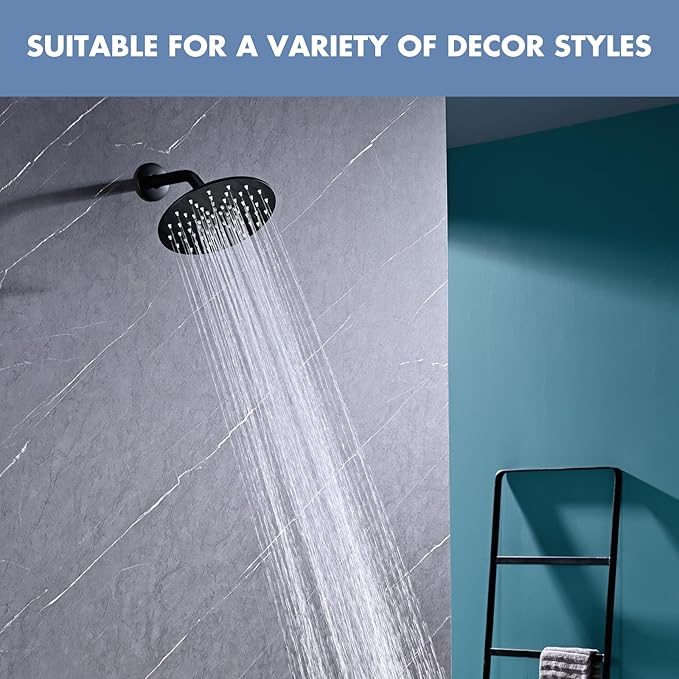 Rainfall Shower Head, MEDIOMI Rain Shower Head Set - Ultra-Thin Design High Flow Stainless Steel Large Round Rain Shower Heads with Shower Arm and Flange (8-Inch, Matte Black)
