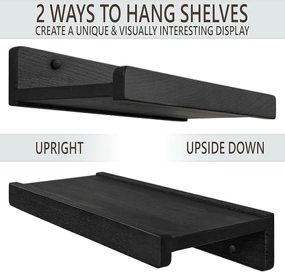 Floating Shelves for Wall 16 inch, Waterproof, Wall Storage Shelves with Lip, Display Picture Ledge Shelf for Living Room Photo Frame, Natural Wood Hanging Book Shelves (Black, Set 2)