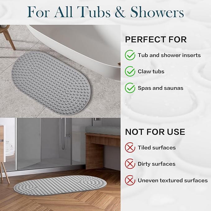 Silicone Bath Mat for Tub Non Slip, Bubble Massage Anti Slip Shower Mat with 27 x 15 Inches for Easy Storage, Washable Bathtub Floor Mats for All Ages, Grey, Oval