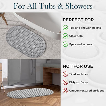 Silicone Bath Mat for Tub Non Slip, Bubble Massage Anti Slip Shower Mat with 27 x 15 Inches for Easy Storage, Washable Bathtub Floor Mats for All Ages, Grey, Oval