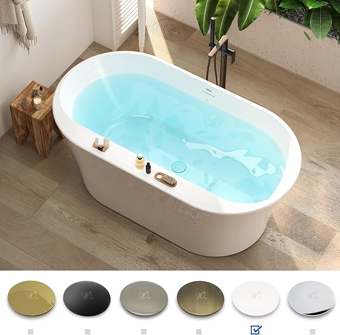 FerdY Mauritius 59" Acrylic Freestanding Tub, Oval Contemporary Soaker Tub, Extra Deep Bathtub, Gloss White Drainage and Minimalist Linear Design Overflow, Modern White, cUPC Certified