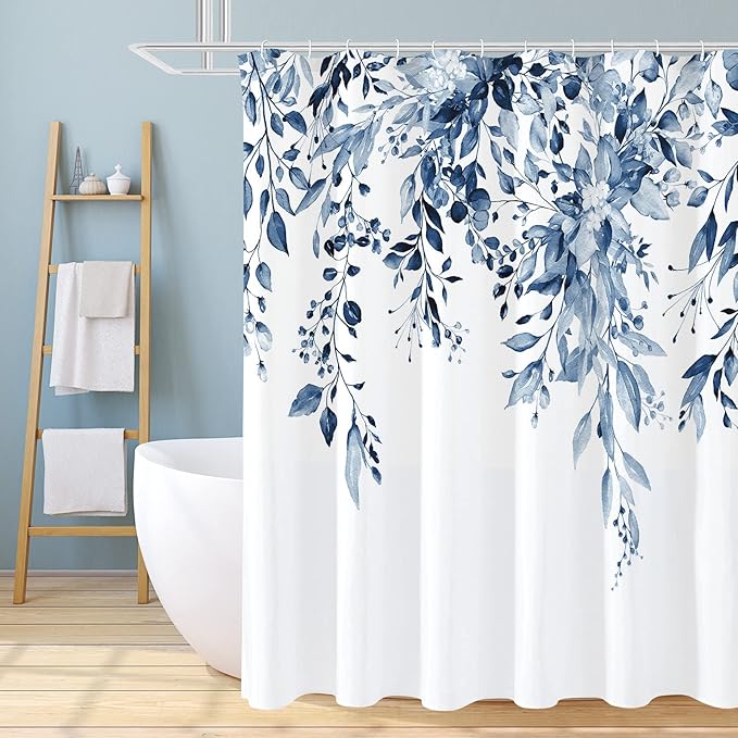 Gibelle Extra Long Shower Curtain 72 x 84, Navy Blue Floral Shower Curtain for Bathroom, Watercolor Plant Eucalyptus Leaves Fabric Shower Curtain Set