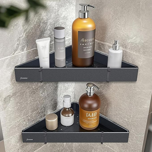 Corner Shower Shelves with Hooks, Rustproof Metal 2-Tier Shower Corner Caddy Organizer for Bathroom Toilet Kitchen, Fast Drain and Space Saving