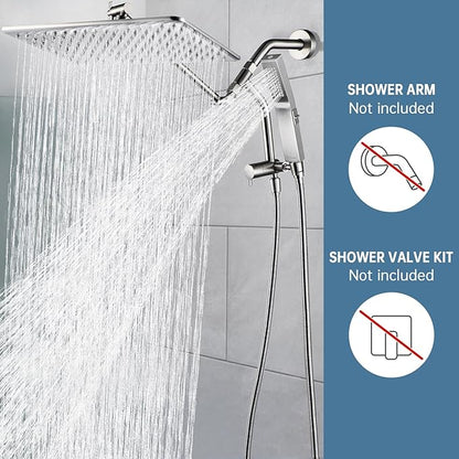 G-Promise All Metal 14 Inches Rain Shower Head with Handheld Built-in Power Wash Mode, 3-way Diverter with Pause Setting, 11 Inches Adjustable Extension Arm, Long Hose (Brushed Nickel, 14 Inches)