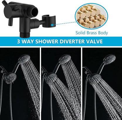 PDPBath Solid Brass 3 Way Shower Arm Diverter Valve with Handheld Holder for Dual Shower Heads with G1/2 Universal Connection - Matte Black