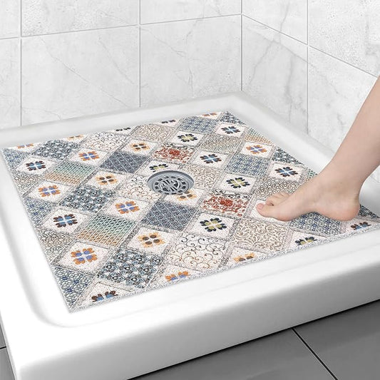 Square Shower Mat Non Slip: 27x27 Inch Extra Large Shower Floor Mat with Drain Hole in Middle - Soft PVC Loofah Bath Mat for Shower - Anti Slip Shower Stall Mat for Elderly and Kids