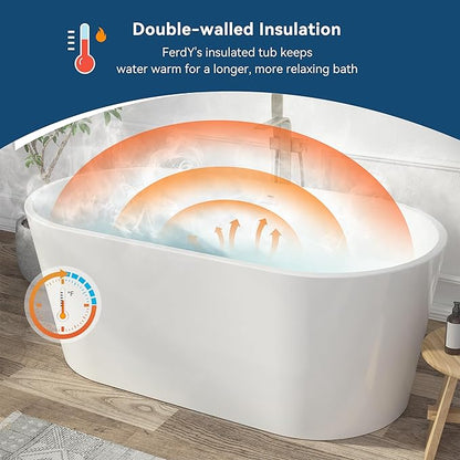 FerdY Shangri-La 59" Acrylic Freestanding Bathtub, Gracefully Shaped Soaking Bathtub, Glossy White, cUPC Certified, Polished Gold Drain & Minimalist Linear Design Overflow Included, 02522