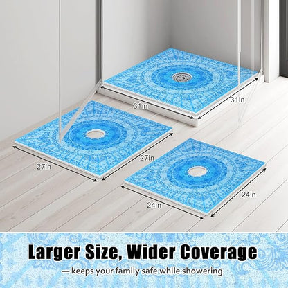 Square Shower Mat Non Slip: 27x27 Inch Extra Large Shower Floor Mat with Drain Hole in Middle - Soft PVC Loofah Bath Mat for Shower - Anti Slip Shower Stall Mat for Elderly and Kids