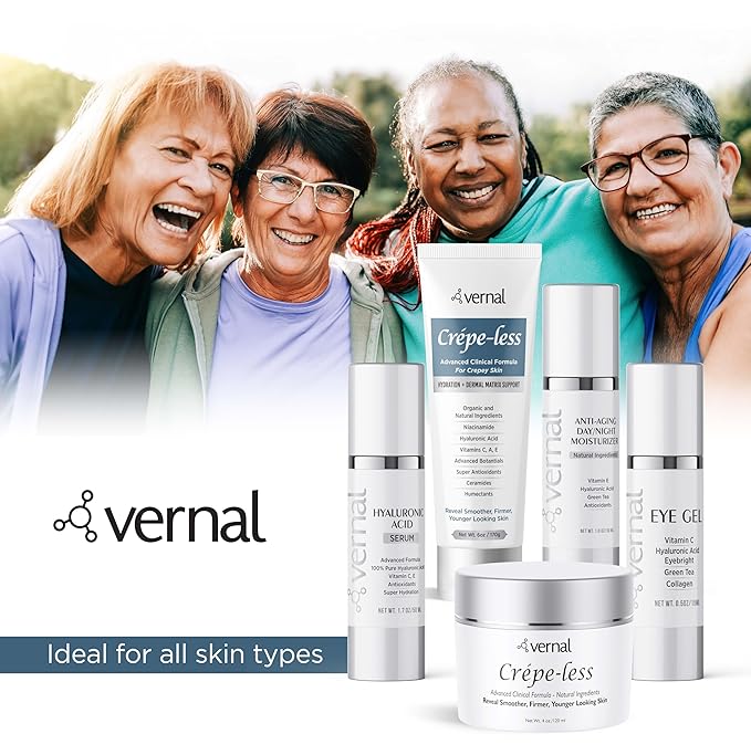 Vernal Crepe-less skin firming cream to reduce crepey arms, neck & hands. Organic tightening cream to reduce thin dry wrinkled skin. Best moisturizer to treat dry thin arms. Made in USA (6 Oz)