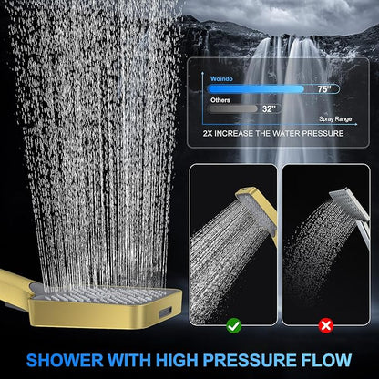 Shower Faucet Set, 10" Ceiling Mount Rainfall Shower System with 2 Rain Shower Head and Multi-function Handheld Head Push Button Diverter Shower Faucet Trim Kit Brushed Gold