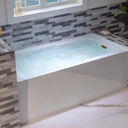 WOODBRIDGE 60" Acrylic Rectangular Alcove Soaking Bathtub in White with Right Drain, Brushed Gold Pop-Up Drain Included BA6030R