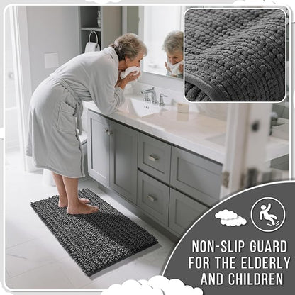 Yimobra Bathroom Runner Rug 60x24 Inch - Extra Long Non Slip Chenille Bath Mat, Soft & Absorbent, Machine Washable Shaggy Hallway Carpet for Vanity Tub Shower, Dark Gray Home Decor Accessories