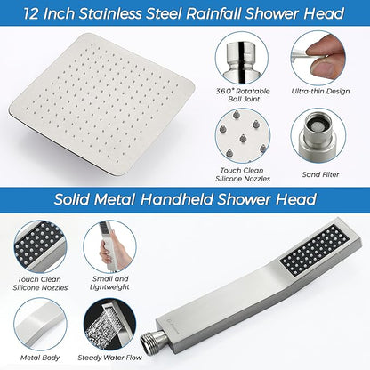 G-Promise All Metal 12 Inches Rainfall Shower Head with Handheld Spray Combo, 3 Settings Diverter, Adjustable Extension Arm with Lock Joints, 71 Inches Stainless Steel Hose (Brushed Nickel)