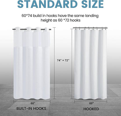 Stall No Hook Shower Curtain with Snap in Liner,230GSM Waffle Weave Shower Curtains for Bathroom,60W x 74H,White