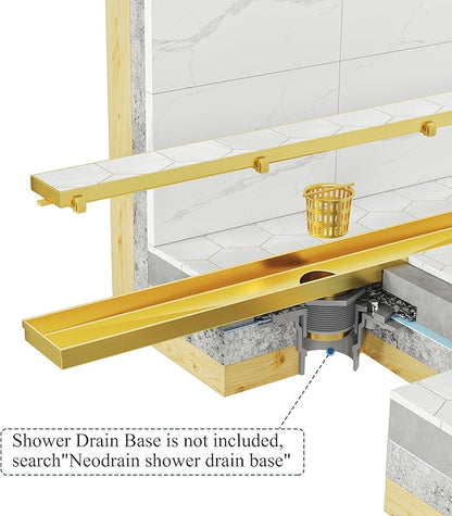 Neodrain 24-Inch Gold Linear Shower Drain with Tile Insert Cover, Golden 304 Stainless Steel Rectangle Shower Floor Drain, Linear Drain with Leveling Feet, Hair Strainer, CUPC Certified