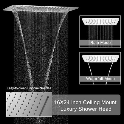 Polished Chrome Digital Display Shower System with 16X24 inch Ceiling Mounted Shower Head(Rain&Waterfall Modes), with Handheld Spray and 6 PCS Dual Modes Body Jet
