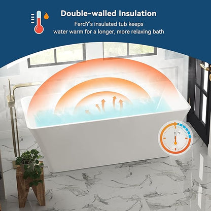 FerdY Sentosa 67" Acrylic Freestanding Bathtub, Contemporary Design Soaking Tub with Polished Gold Drain and Minimalist Linear Design Overflow, Easy to Install, 02560