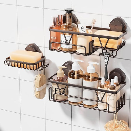 KEGII Suction Cup Shower Caddy – 3 Pack Suction Cup Shelf with Soap Holder & Hooks, Rustproof Stainless Steel Shower Organizer, Removable No Drilling Bathroom Storage Rack, Bronze