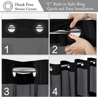 Gibelle Stall Small Shower Curtain 36x74, Waffle Weave Shower Curtain with Snap-in Fabric Liner Set, No Hooks Needed, Hotel Style with Mesh Top Window, Black