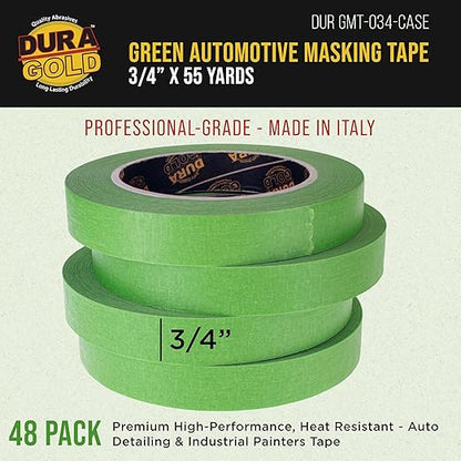 Dura-Gold Green Automotive Masking Tape 3/4 Inch (0.7 Inch x 55 Yards), Case of 48 Rolls - Premium High-Performance, Heat Resistant - Auto Refinish Painting, Car Detailing, Autobody, Painters Tape