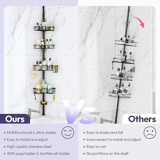 SWTYMIKI Shower Caddy Tension Pole - 4-Tier Corner Shower Organizer Tension Rod with Soap Holder, Toothbrush Holder & 4 Hooks, Adjustable Stainless Steel Bathroom Organizer 27.6 to 108.3 inch, Black