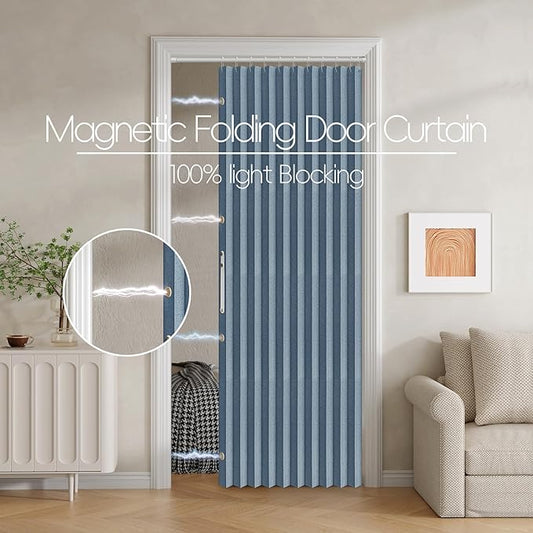 100% Blackout Fabric Folding Door Curtain with Magnetic Closure - Accordion Style for Sliding Doors, Closets,Wardrobe and Temporary Door Solutions Doorway Curtains（W42 x L78, Blue 1 Panel）