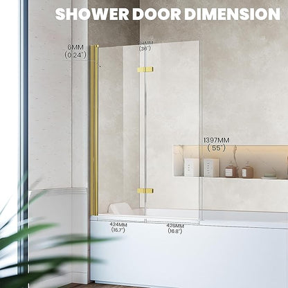 Bathtub Folding Shower Glass Door, 36" W*55" H Pivot H-Type Frameless Tub Shower Door, Clear Tempered Glass Shower Screen Panel for Bathroom, Brushed Gold