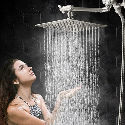 G-Promise All Metal 10" Dual Square Shower Head Combo | Rain Shower Head | Handheld Shower Wand | Adjustable | 3-Way Diverter | 71" Extra Long Hose - A Bathroom Upgrade(Brushed Nickel)