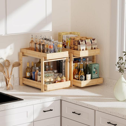 2 Pack Under Sink Organizer, Bamboo Wooden 2-Tier Pull-Out Storage with Sliding Drawers for Kitchen and Bathroom Cabinets, Easy Installation (Natural, 2 Packs)