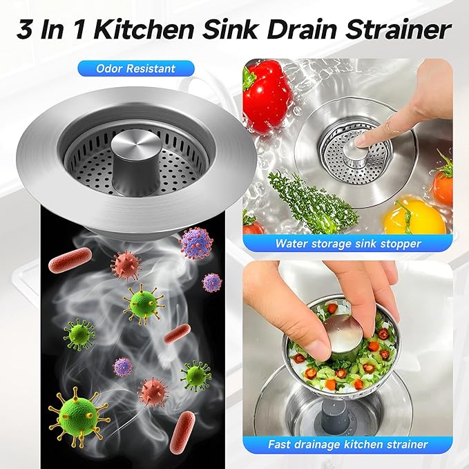 3 in 1 Kitchen Sink Drain Strainer Sink Stopper, Stainless Steel Sink Drain Strainer with Anti-Clogging Basket, Kitchen Sink Drain Filter Plug for US Standard 3-1/2 Inch Drain (2Pack)
