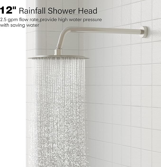 Gabrylly Shower System, High Pressure 12" Rain Shower Head with Handheld Shower, Wall Mounted Slide Bar Shower Faucet Set Complete, Shower Combo Set with Shower Valve,Brushed Nickel