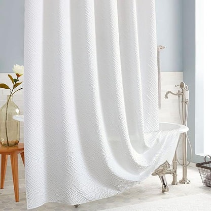 MitoVilla White Modern Fabric Shower Curtain, Farmhouse Waves Cloth Shower Curtains for Neutral Hotel Bathroom Decor, 3D Geometric Embossed Textured, Waterproof & Wrinkle Resistant, 72 x 72