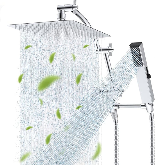 Hibbent All Metal CUPC Certified 10'' Rain Shower Head, Dual Shower Head Combo, High Pressure Handheld 4 Sprays Shower Wand, 16'' Adjustable Extension Arm, 71'' Hose, Shower Holder, Chrome