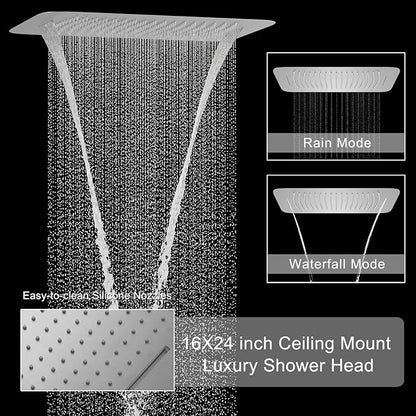 Brushed Nickel Digital Display Shower System with 16X24 inch Ceiling Mounted Shower Head(Rain&Waterfall Modes), with Handheld Spray and 6 PCS Dual Modes Body Jet