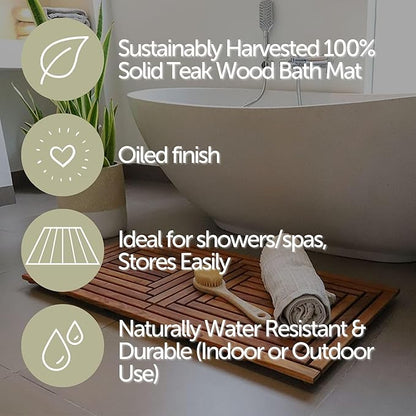 Nordic Style Teak Shower, Bath and Spa Mat | Indoor + Outdoor Use | Non-Slip Wood Platform | Spa, Sauna, Pool, Hot Tub | Luxury Decor | Framed Oiled Finish (40" x 20")
