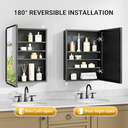 16x24 Pre-Assembled Black Medicine Cabinet with Mirror, Surface or Recessed Medicine Cabinet Mirror for Bathroom, Aluminum Beveled Frame Bathroom Vanity Mirror with Adjustable Shelves Storage