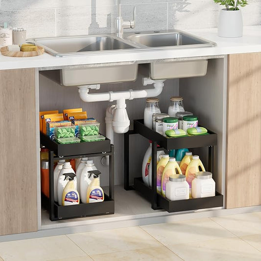 2 Pack Under Sink Organizer, Bamboo Wooden 2-Tier Pull-Out Storage with Sliding Drawers for Kitchen and Bathroom Cabinets, Easy Installation (Black, 2 Packs)