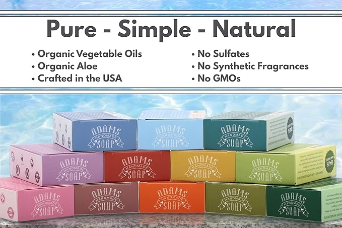 Adams Handmade Soap Variety Pack – 6 Bar Set: Unscented, Eucalyptus Spearmint, Rose, Lemon Sage, Cinnamon Spice, Citrus Medley | Vegan, Cold Process, 84% Organic, USA Made