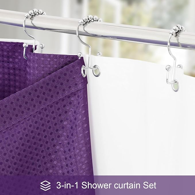 3 in 1 Shower Curtain Set, Purple Waffle Shower Curtain and PEVA Liner Set with 12 Stainless Steel Shower Curtain Hooks, Waterproof Fabric Shower Curtains for Bathroom, 72 W x 72 H