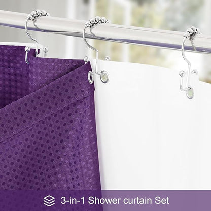 3 in 1 Stall Half Size Purple Shower Curtain Set-36 W x 72 H, Modern Waffle Waterproof Fabric and PEVA Liner Set with Stainless Steel Hooks