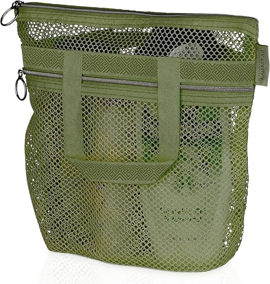 Mesh Shower Bag 10.2x9.9'' Quick-Dry Caddy with Zipper & 2 Pockets. Portable Toiletry Tote for Bathroom, Gym, Travel, Camp, Beach, for Sunscreen, Dorm & College Essentials (Olive Green)