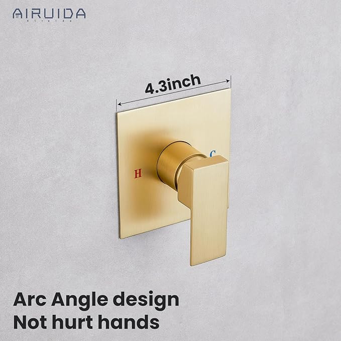 Airuida Square Single-Function Brass Faucet Shower Rough-in Valve Male Thread Bathroom Trim Kit Single Handle Tub Shower Valve 4.3 Inch Cover Plate Brushed Gold