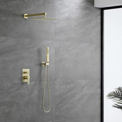 SHAMANDA Brass Rainfall Shower System, Luxuly Bathroom Shower Faucet Combo Set Brushed Champaign Gold(Including Rough-In Valve Body and Trim), L7001-3