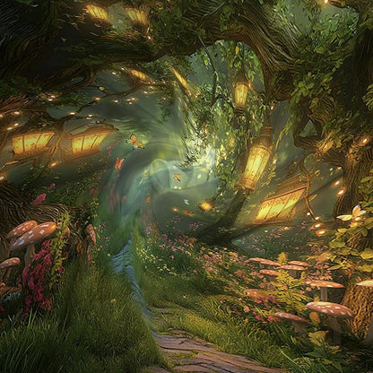 Fantasy Forest Path Shower Curtain Fairy Magical Enchanted Misty Jungle Mushroom Floral Tree Butterfly Lantern Wonderland Plant Bath Curtain Fabric Bathroom Accessories Decor with Hooks 90W x70L