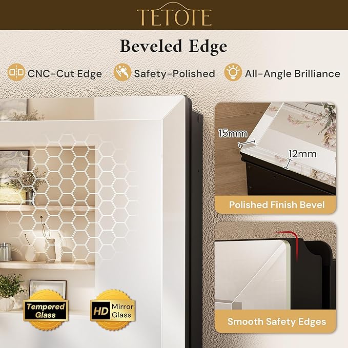 TETOTE 14 x 18 Medicine Cabinet with Tempered Beveled Mirror Black Mirrored Medicine Cabinets for Bathroom Aluminum Cabinet DTC Hinges, Stepless Adjustable Shelves, Recessed/Surface-Mounted