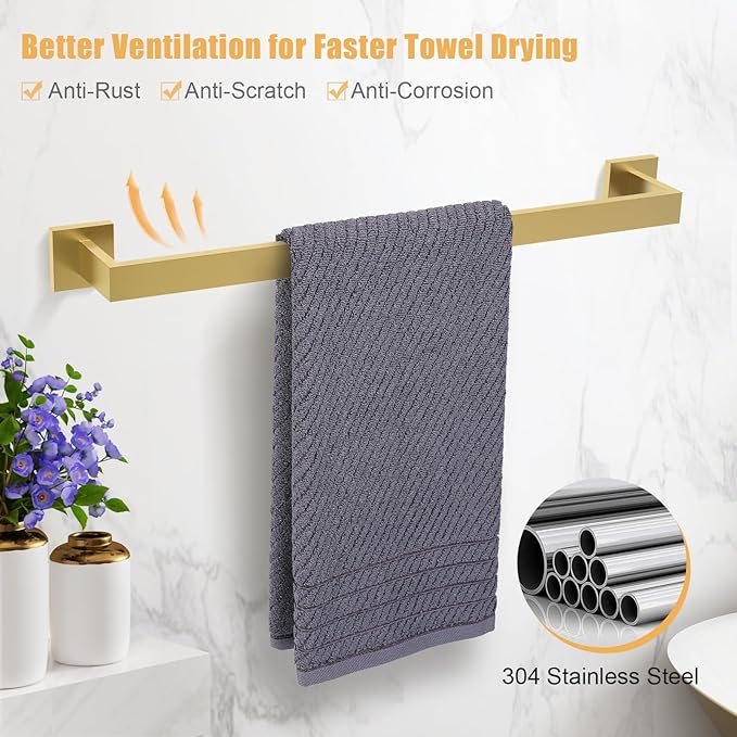 TURS 10-Piece Bathroom Hardware Accessories Set Brushed Gold Towel Bar Holder Set SUS304 Stainless Steel Towel Racks for Bathroom Wall Mounted, 23.6-Inch