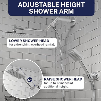 HammerHead® Solid Metal Dual Shower Head Combo — 8" Square Rain Shower Head with Handheld, 12" Adjustable Arm & Wall-Mount Holder for Flexible Installation — Chrome