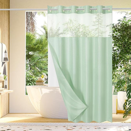 Gibelle Extra Long Shower Curtain 72x86, Waffle Weave Bathroom Shower Curtain with Snap-in Fabric Liner Set, No Hooks Needed, Hotel Style with Mesh Top Window, Mint Green